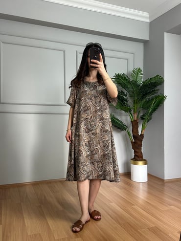 CDBR4272Helin Kahve Geçişli Desen Pamuk Viskon Midi Boy Elbise
