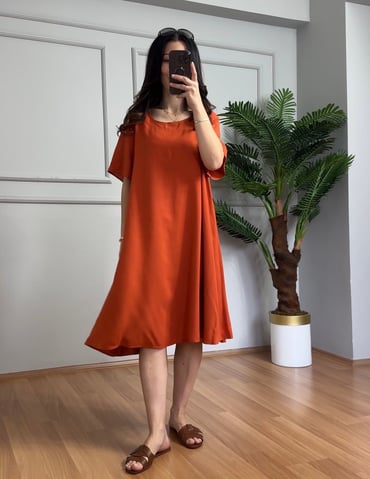 CDBR4271Helin Kiremit Tek Renk Desen Pamuk Viskon Midi Boy Elbise