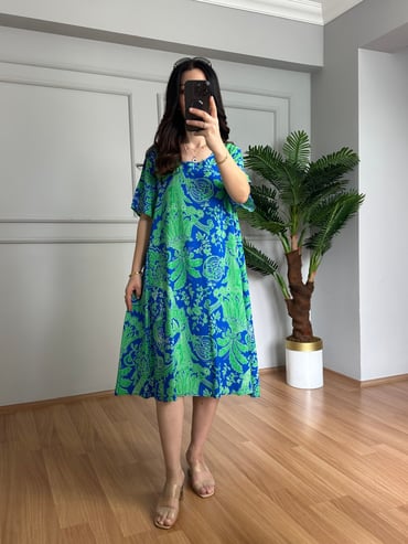 CDBR4259Helin Mavi Desenli Pamuk Viskon Midi Boy Elbise 