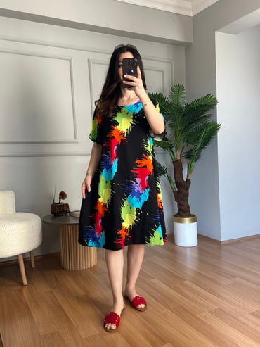 CDBR4283Helin Siyah Geometrik Desen Pamuk Viskon Midi Boy Elbise
