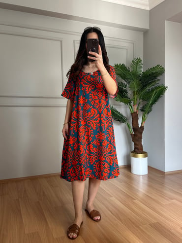 CDBR4264Helin Turuncu Etnik Desen Pamuk Viskon Midi Boy Elbise