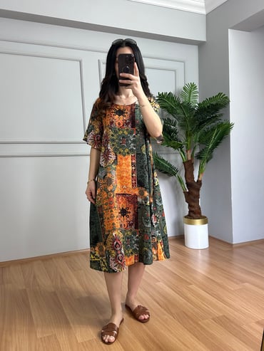 CDBR4277Helin Turuncu Otantik Desen Pamuk Viskon Midi Boy Elbise