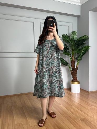 CDBR4273Helin Yeşil Geçişli Desen Pamuk Viskon Midi Boy Elbise
