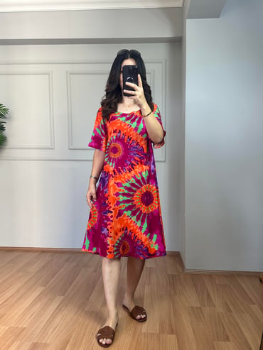 CDBR4011Holly Pembe-Turuncu Desenli Pamuk Viskon Elbise