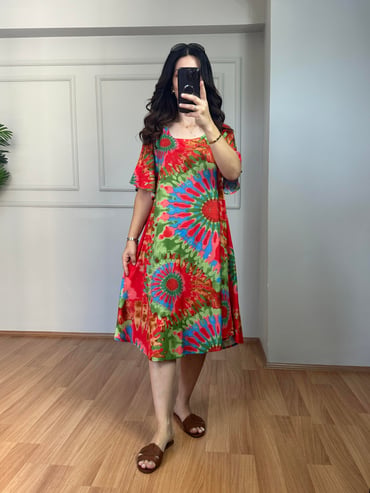 CDBR4016Holly Turuncu-Yeşil Desenli Pamuk Viskon Elbise 