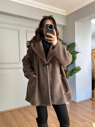 CDBR4097İrana Kahve Tedy Tek Düğmeli Ceket