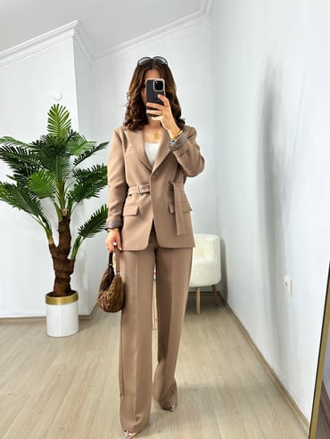 CDBR3636Kahve Kuşaklı Blazer Ceket Pantolon Takım
