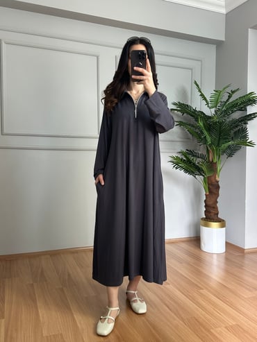 CDBR4256Karina Antrasit Fermuarlı Cepli Basic Elbise