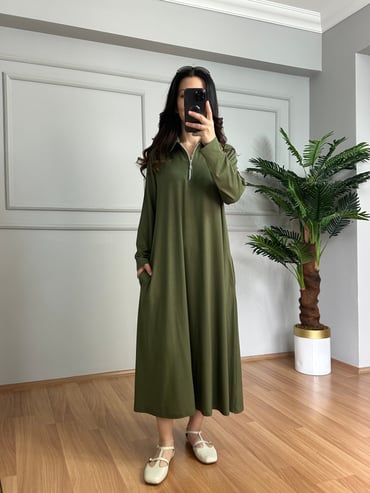 CDBR4257Karina Haki Fermuarlı Cepli Basic Elbise