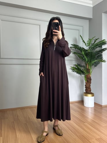 CDBR4255Karina Kahve Fermuarlı Cepli Basic Elbise