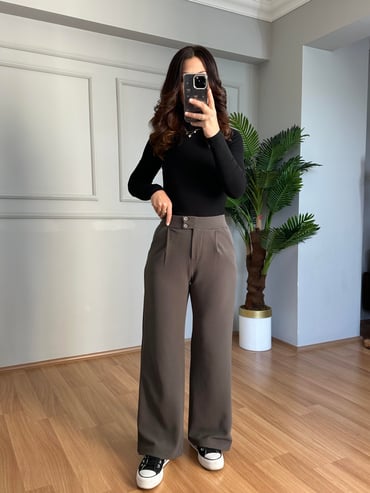 CDBR4099Kendy Antrasit Likralı Bel Çift Düğmeli Palazzo Pantolon