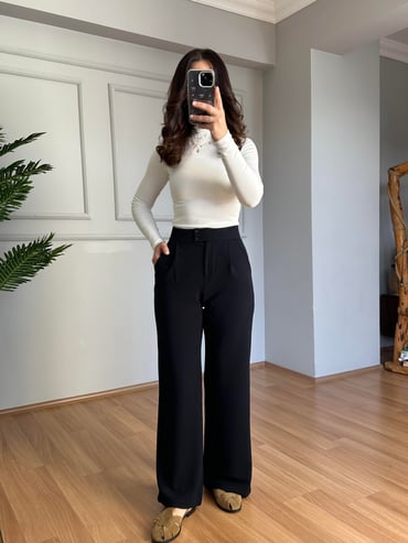 CDBR4085Kendy Lacivert Likralı Bel Çift Düğmeli Palazzo Pantolon