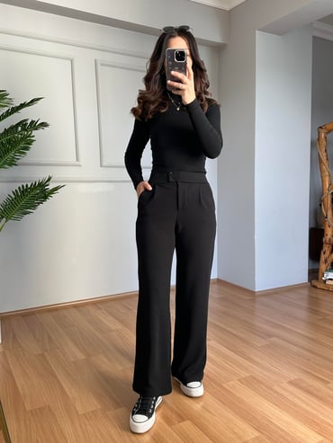 CDBR4089Kendy Siyah Likralı Bel Çift Düğmeli Palazzo Pantolon