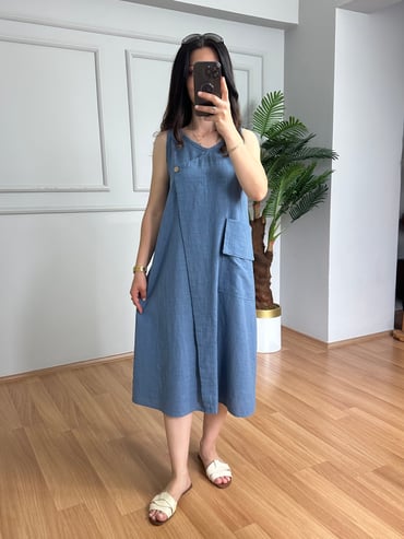 CDBR4423Kety Mavi  Keten Kalın Askılı Elbise
