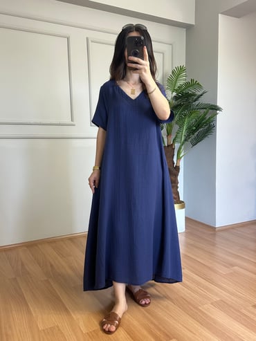 CDBR4446Khalesi Lacivert Müslin Kumaş Elbise