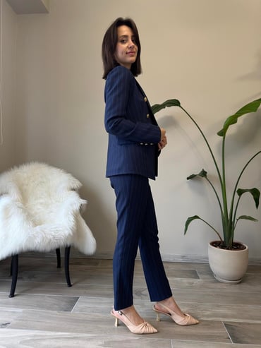 Lacivert Çizgili Blazer Ceket