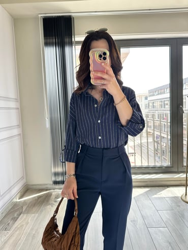 CDBR3497Lacivert Poplin Keten Çizgili Gömlek
