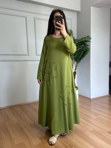 CDBR4538Lilya Yeşil Papatya Detaylı Müslin Elbise