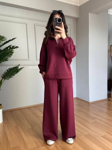 CDBR4090Lora Bordo Modal Kumaş Fermuarlı Eşofman takımı