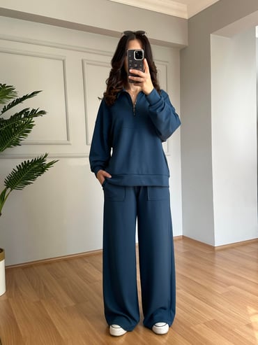 CDBR4092Lora İndigo Modal Kumaş Fermuarlı Eşofman takımı