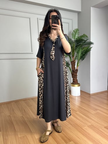 CDBR4358Luisa Antrasit Leopar detaylı Penye Modal Elbise 