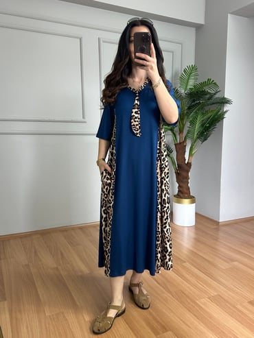 CDBR4359Luisa Lacivert Leopar detaylı Penye Modal Elbise 
