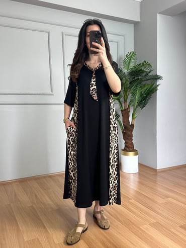 CDBR4360Luisa Siyah Leopar detaylı Penye Modal Elbise 
