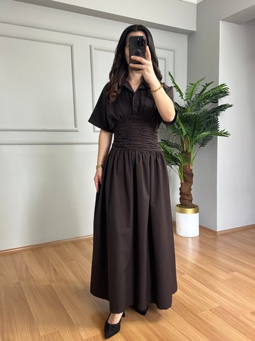 CDBR4231Luna Acı Kahve Bel Detaylı Premium Kalite Maxi Elbise 