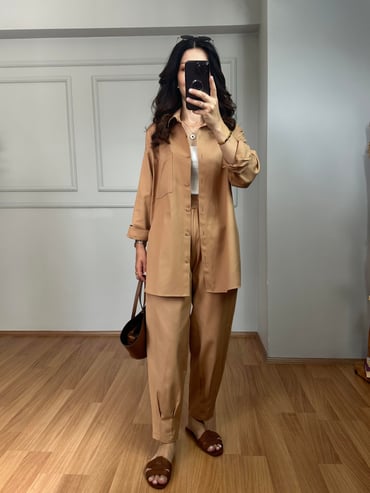 CDBR4006Lusia Camel Gabardin Kumaş Gömlek Şalvar Pantolon Takım
