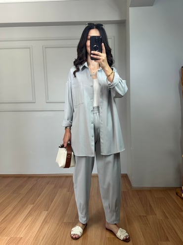 CDBR4008Lusia Gri Gabardin Kumaş Gömlek Şalvar Pantolon Takım