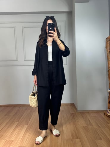CDBR4005Lusia Siyah Gabardin Kumaş Gömlek Şalvar Pantolon Takım