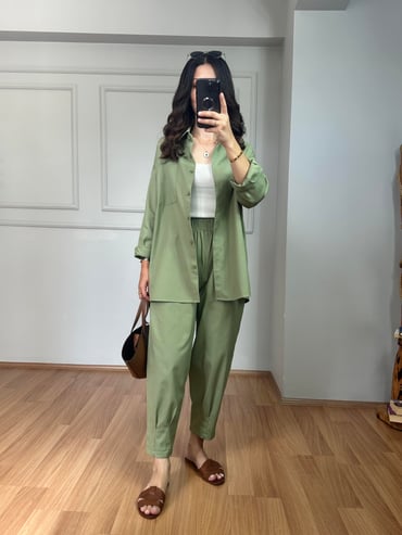 CDBR4009Lusia Yeşil Gabardin Kumaş Gömlek Şalvar Pantolon Takım