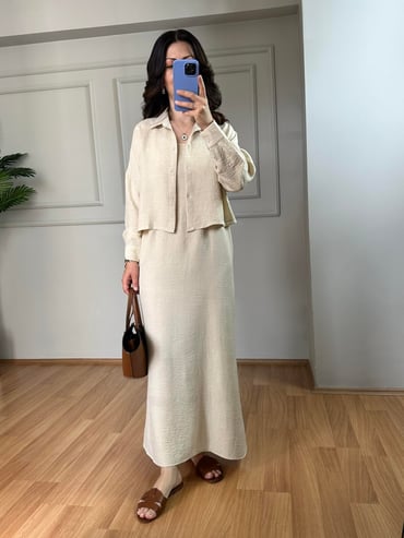 CDBR389Luya Krem Sofya Keten Gömlek Elbise Takım