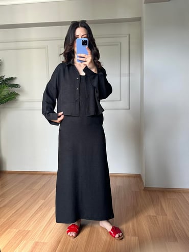 CDBR388Luya Siyah Sofya Keten Gömlek Elbise Takım