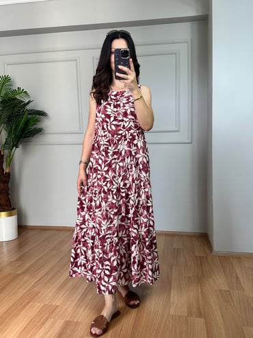 CDBR3985Manolya Bordo Pamuk Viskon Kolsuz Elbise