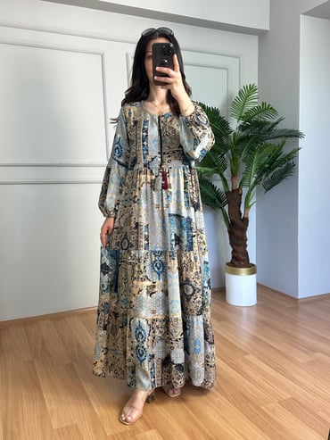 CDBR4408Maya Gri Uzun Kollu Maxi Elbise