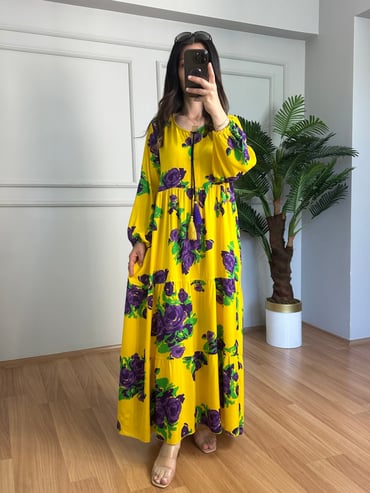 CDBR4410Maya Sarı Uzun Kollu Maxi Elbise 