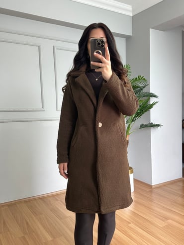 CDBR4682Mila Acı Kahve Tek Düğme Kuzu Ceket