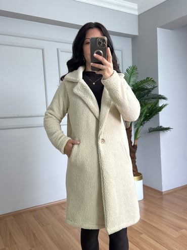 CDBR4681Mila Ekru Tek Düğme Kuzu Ceket