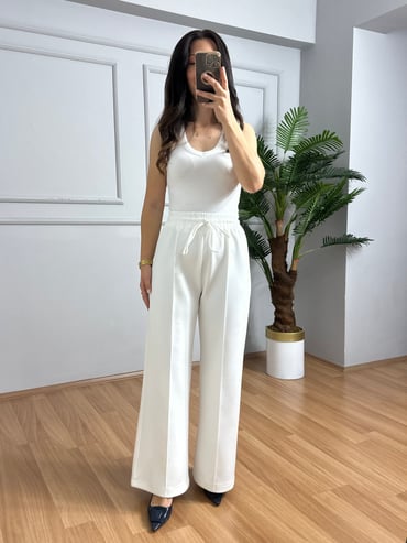 CDBR4672Mina Beyaz Çimalı Palazzo Bilek Pantolon