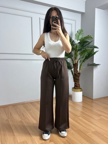 CDBR4674Mina Kahve Çimalı Palazzo Bilek Pantolon 