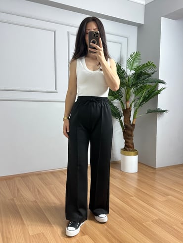 CDBR4673Mina Siyah Çimalı Palazzo Bilek Pantolon 