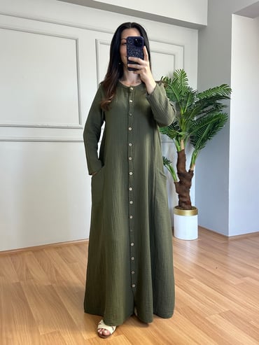 CDBR4519Mireya Haki Cepli Maxi Boy Müslin Elbise