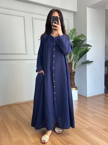 CDBR4631Mireya Lacivert Cepli Maxi Boy Müslin Elbise