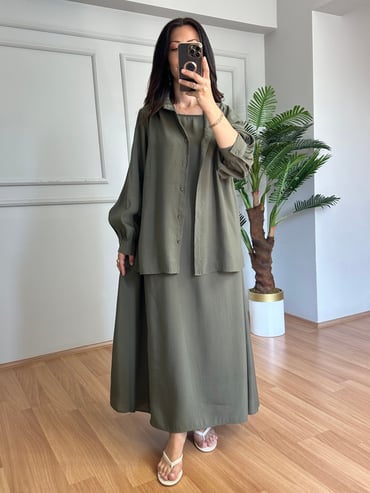 CDBR4589Naya Haki Tensel Kumaş Gömlekli Elbise