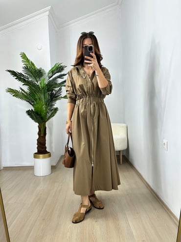 CDBR3675Olive-Haki Orjinal MSSM Marka Önden Fermuarlı Elbise