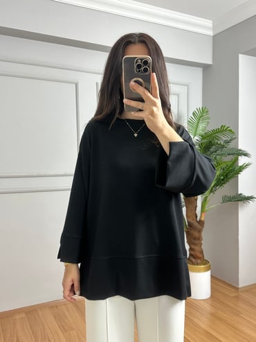 CDBR4679Olva Siyah Yırtmaç Detaylı Bluz