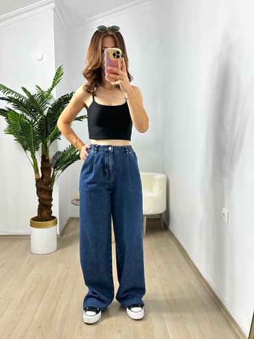 CDBR3720Orjinal Marka Beli Lastik Detaylı Geniş Paça Jean