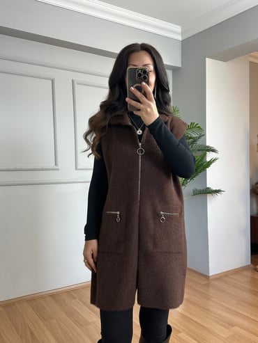 CDBR4663Penha Kahve Angora Fermuarlı Yelek