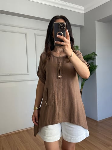 CDBR4559Rella Kahve Boncuk Detaylı Keten Bluz 